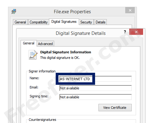 Screenshot of the AS INTERNET LTD certificate